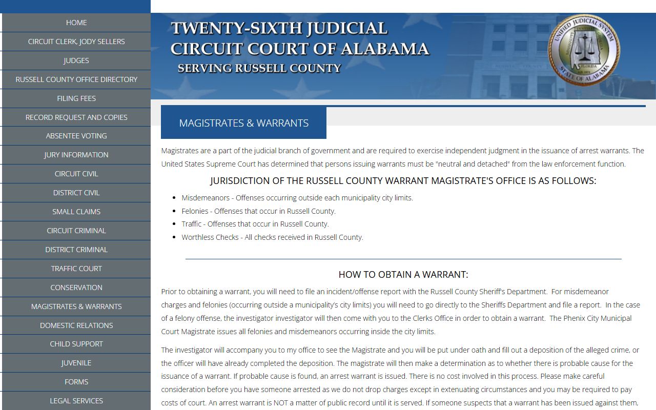 Russell County arrest records magistrates and warrants page
